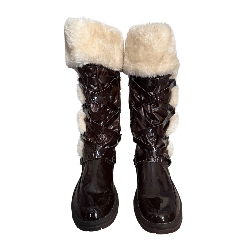 Gaia Fermani Brown Patent Faux Fur Trim‎ Tall Winter Boots Size 40